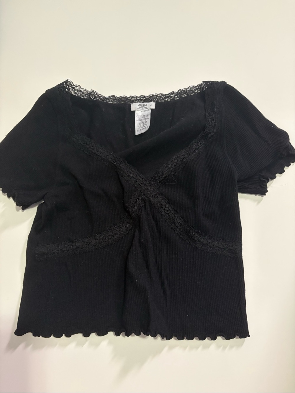 Ardene Black Lace-Trim Ribbed Cropped Top